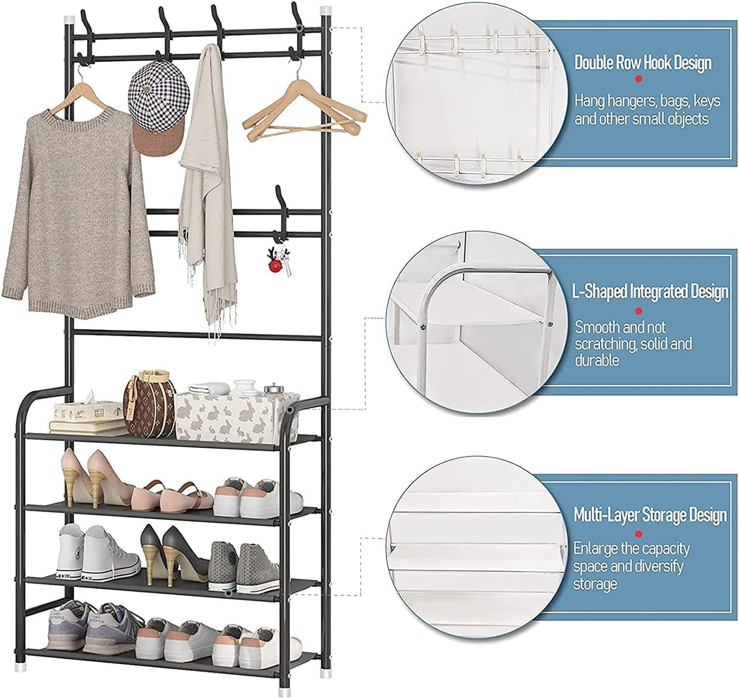 • Modern Design: Sleek and elegant 5-tier shoe and hat rack with hanging hooks for a clean and organized