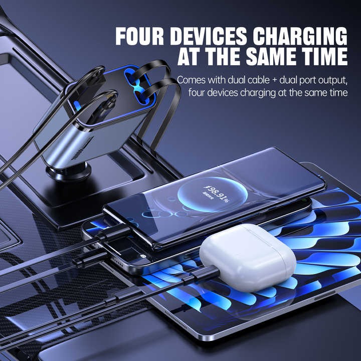 4-in-1 Retractable Car Charger with LED Star Projection – Fast Charging USB Adapter