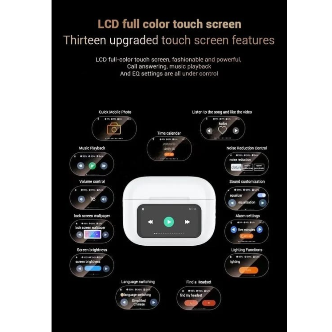 Smart Touchscreen Bluetooth Earbuds with LED Display & Video Player Case