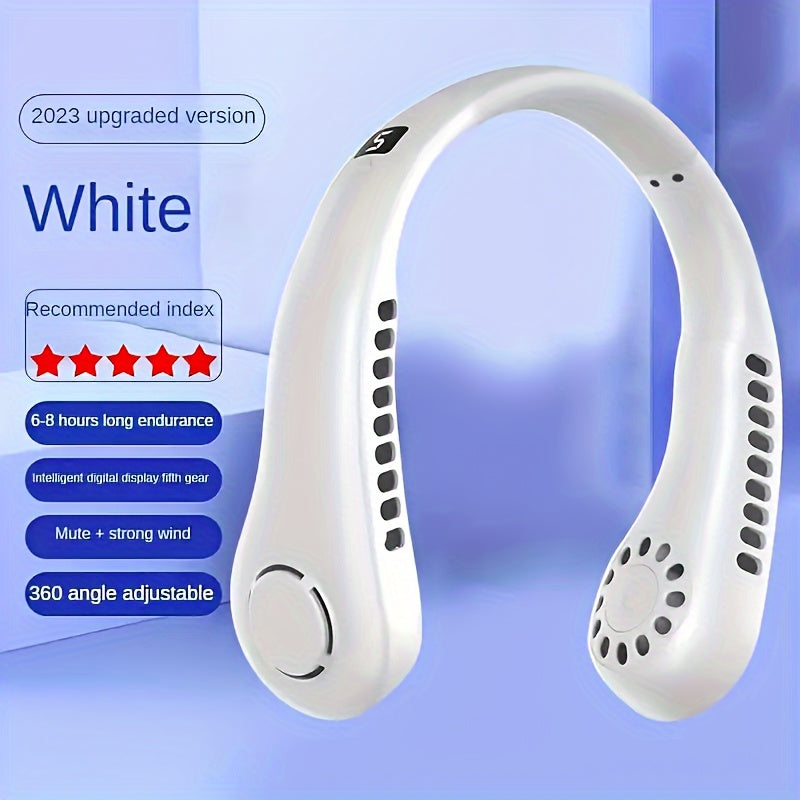 White Neck Fan with 360° Rotation, 5-Speed & Long Battery Life