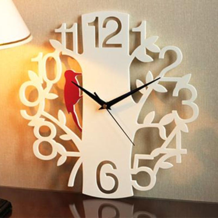Creative Tree Design Wall Clock with Red Bird Accent for Home Decor