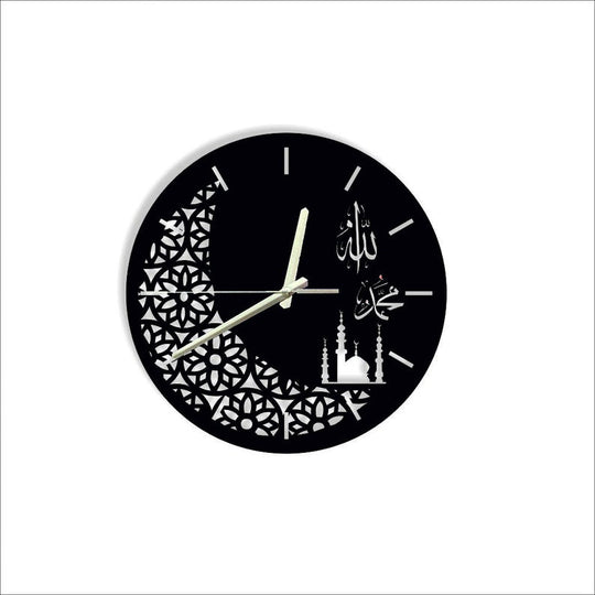 Islamic Wall Clock with Crescent Moon, Mosque & Arabic Calligraphy – Elegant Décor for Muslim Homes & Gifts