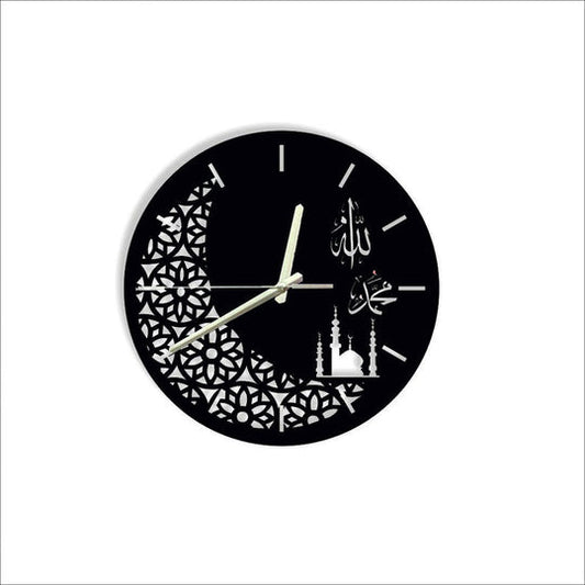 Islamic Wall Clock with Crescent Moon, Mosque & Arabic Calligraphy – Elegant Décor for Muslim Homes & Gifts