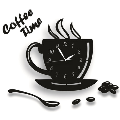 Coffee Time Cup Wall Clock | Modern Black Acrylic Kitchen Cafe Decor | Unique Coffee Mug Clock Art Design