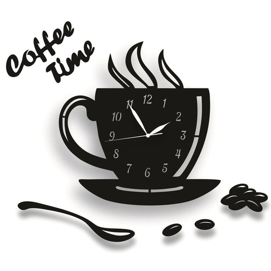 Coffee Time Cup Wall Clock | Modern Black Acrylic Kitchen Cafe Decor | Unique Coffee Mug Clock Art Design