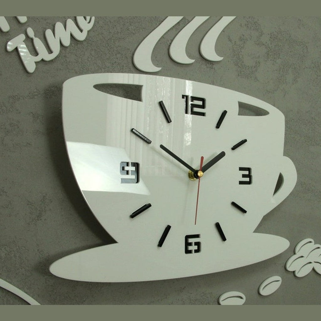 Coffee Time Cup Wall Clock | Modern Black Acrylic Kitchen Cafe Decor | Unique Coffee Mug Clock Art Design
