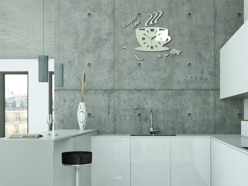 Coffee Time Cup Wall Clock | Modern Black Acrylic Kitchen Cafe Decor | Unique Coffee Mug Clock Art Design