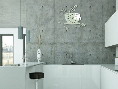 Coffee Time Cup Wall Clock | Modern Black Acrylic Kitchen Cafe Decor | Unique Coffee Mug Clock Art Design