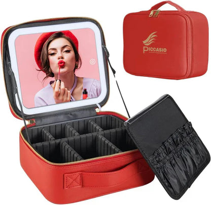 LED Makeup Bag with Mirror & Adjustable Dividers – Portable Cosmetic Organizer Case