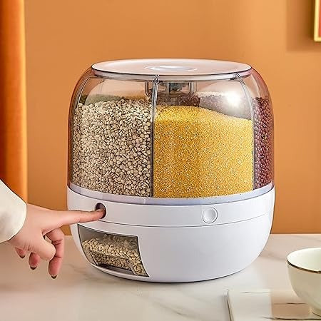 Rotating Cereal & Grain Dispenser – 6-Grid Dry Food Storage Box with One-Button Output Design
