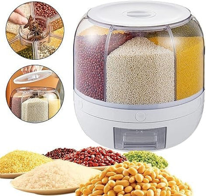 Rotating Cereal & Grain Dispenser – 6-Grid Dry Food Storage Box with One-Button Output Design
