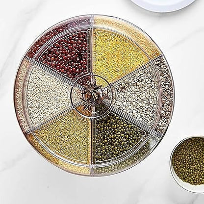Rotating Cereal & Grain Dispenser – 6-Grid Dry Food Storage Box with One-Button Output Design