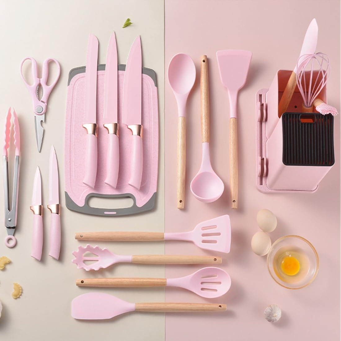 Pink Kitchen Utensil and Knife Set – 21-Piece Non-Stick Silicone Cooking Tools with Holder & Accessories