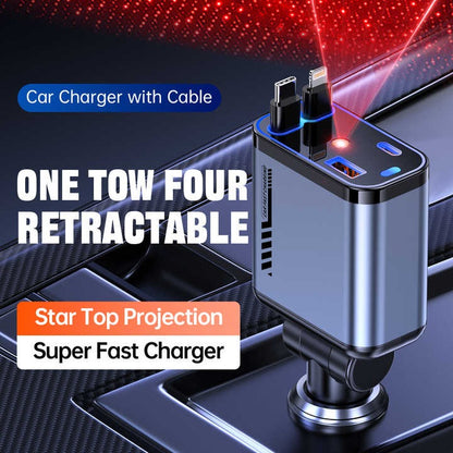 4-in-1 Retractable Car Charger with LED Star Projection – Fast Charging USB Adapter