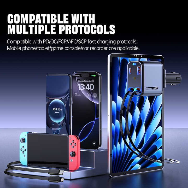 4-in-1 Retractable Car Charger with LED Star Projection – Fast Charging USB Adapter