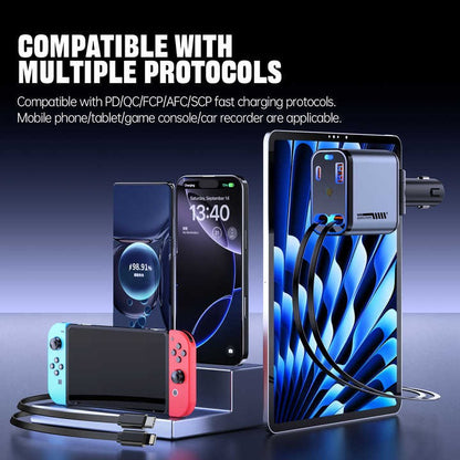 4-in-1 Retractable Car Charger with LED Star Projection – Fast Charging USB Adapter